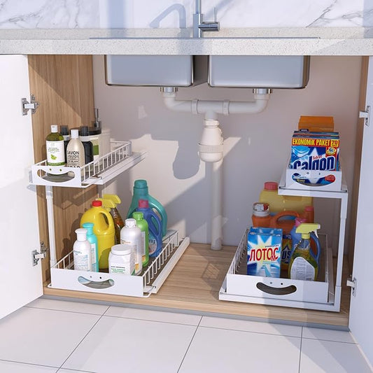 KPGRNUnder Kitchen Sink Organizers and Storage,2 Tier Sliding Cabinet Basket Organizer Drawer,Storage Shelves,Multi-Purpose Cabinet Organizers for Kitchen Bathroom.14.17X10.66 X 15.27In(White,2 Pack)
