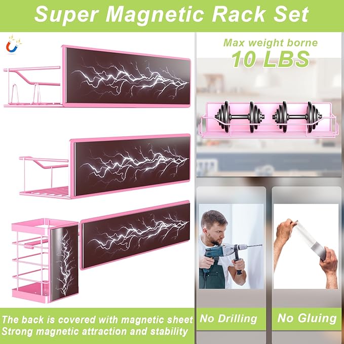 Magnetic Spice Rack for Refrigerator, 6 Pack Strong Magnet Spice Organizer with Paper Towel Holder, Utensil Holder, Moveable Magnetic Fridge Shelf for Kitchen Organization and Storage (Pink)