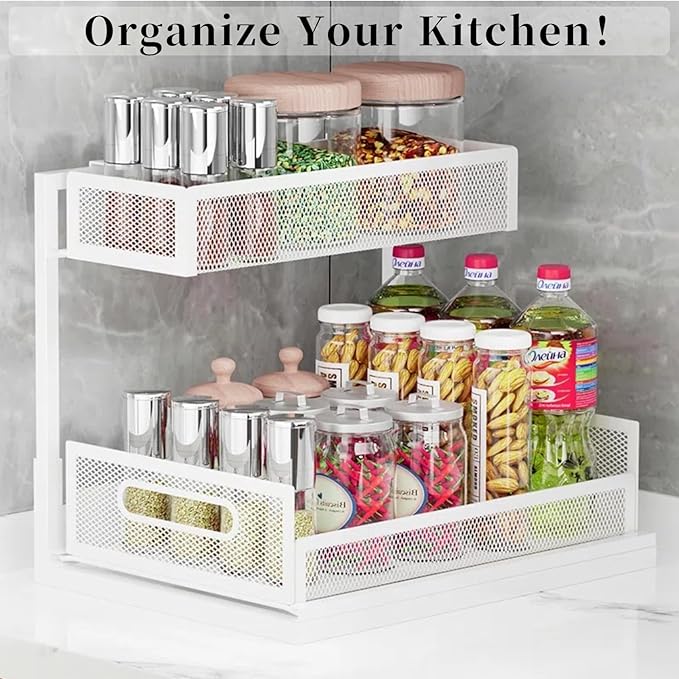 Undersink Organizers 2-Tier Under Cabinet Pull Out Storage with Sliding Out Drawers, Under Sink Organizer for Bathroom Kitchen Durable Wire Rack Shelf Space-Saving Organization, White 1 Pack