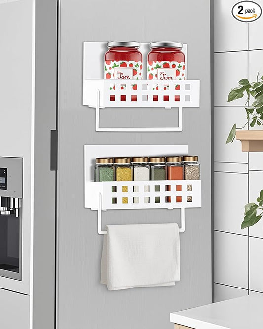 2 Pack Magnetic Spice Storage Rack Organizer for Refrigerator with Towel Bar, 4.9"W Holds Large Jars of Jam, Condiments, Magnetic Spice Rack for Stove and Oven, 4 Magnents and Sticker No Falling Off