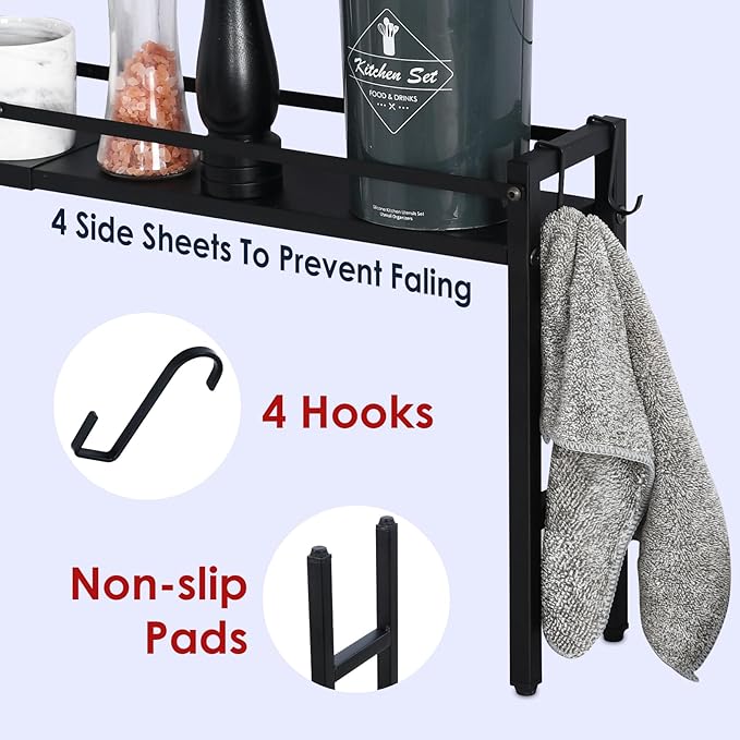 Stove Top Shelf,Over The Stove Spice Shelf for Kitchen,Spice Rack Shelf with 4 Hooks Extra Storage Countertop, Seasoning Organizer,Kitchen Organizers and Storage (Black)