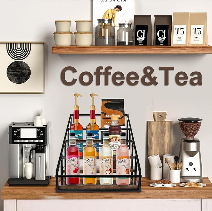 Coffee Syrup Rack Organizer,Liquor Bottle Display Shelf,Water cup display stand,Spice Rack Kitchen Cabinet Organizer,Rustic Brown,2 Packs 4 Tier 16 Bottle Coffee Syrup Holder