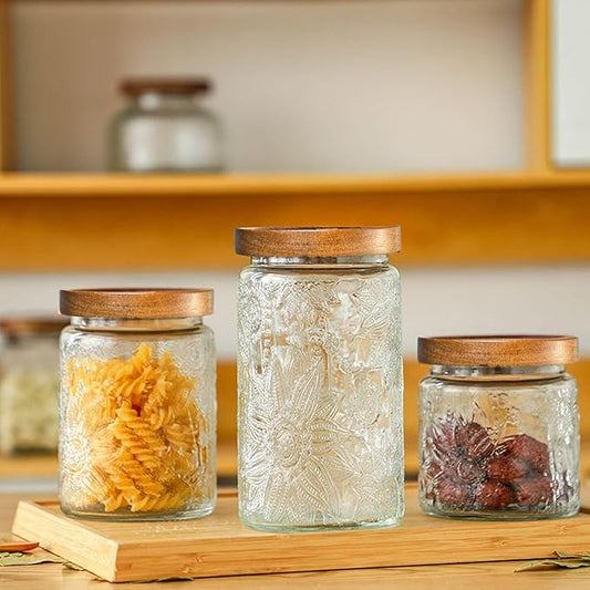 24oz Vintage Glass Canister With Lid Small Glass Jars Wide Mouth Mason Jars Airtight Coffee Canisters Kitchen Storage Containers For Sugar Tea Spice Flour Candy Cookie Cereal Cute Decorative