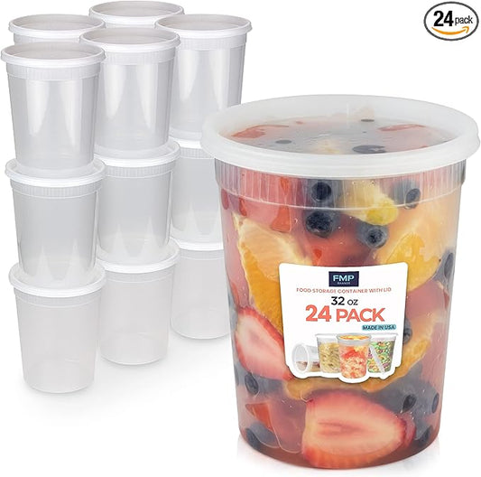 Fit Meal Prep 24 Pack 32 oz Deli Containers with Lids, US Made Airtight Leakproof Plastic Soup Container, Round Clear Quart Food Storage Containers for Takeout Restaurant, Microwave Freezer Safe