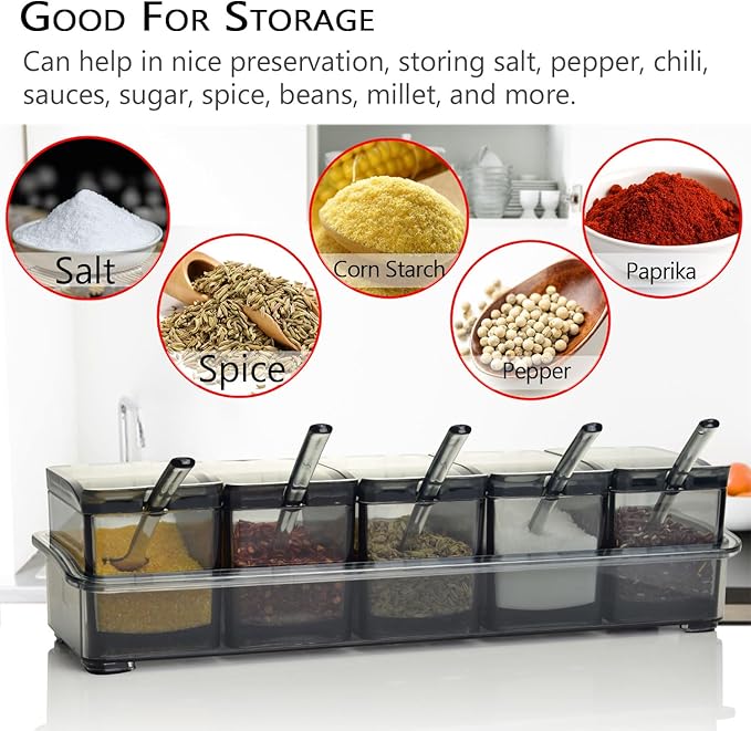 V·RESOURCING Clear Seasoning Box, 5 Pieces Clear Seasoning Storage Container for Spice Salt Sugar Cruet,Condiment Jars with Spoons