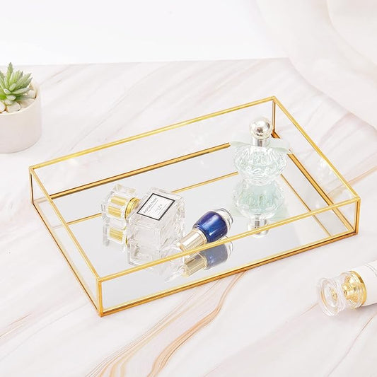 Gold Mirror Decorative Tray Jewelry Perfume Organizer Vanity Tray, Dresser Decorative Tray, Bathroom Bedroom Cosmetics Storage, 11.8"x7.9"x2"