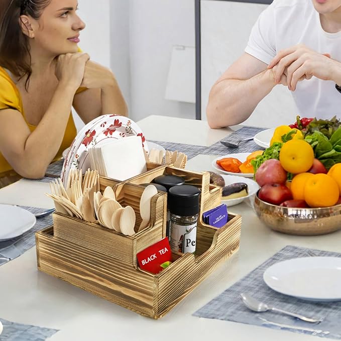 Paper Plate Dispenser, Wood Rustic Utensil Holder Silverware Caddy for Cups Spoons Forks Napkins, Cutlery Flatware Organizer with 9 Compartments for Party, Kitchen Countertop, Camping, Buffet