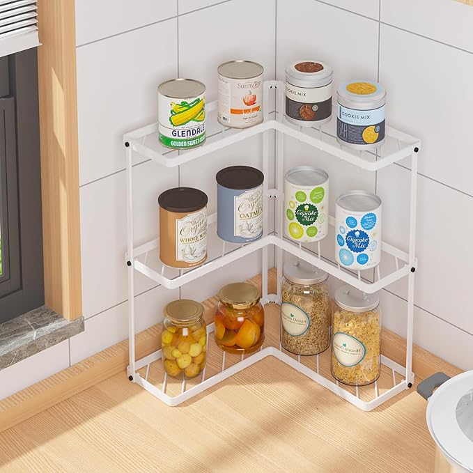 Buzowruil Kitchen L-Shaped Spice Storage Rack Triangle Corner Three-Layer Cabinet Spice Rack,1 Pack (White)