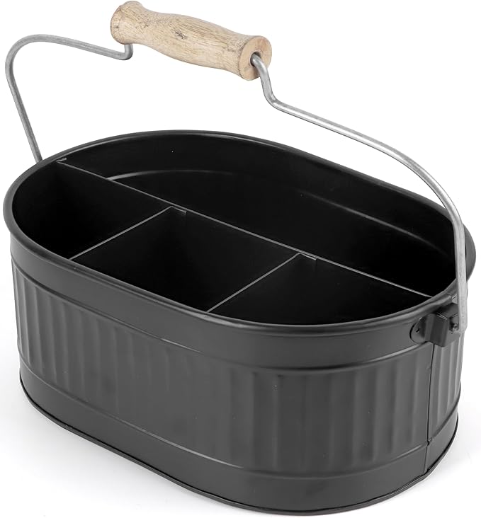 CLEENTABLE Rustic Galvanized Utensil Caddy - Farmhouse Silverware Holder for Kitchen, Dining, Picnic, Parties - Matte Black, 12-Inch, Durable Cutlery Organizer with Handle, Countertop Storage