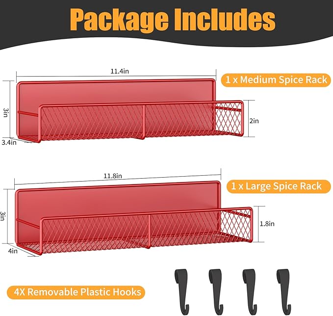 Magnetic Spice Rack for Refrigerator, 2 Pack Metal Magnetic Shelf, Moveable Spice Organizer with Hooks, Super Magnetic Fridge Shelf for Kitchen Organization and Storage, Red