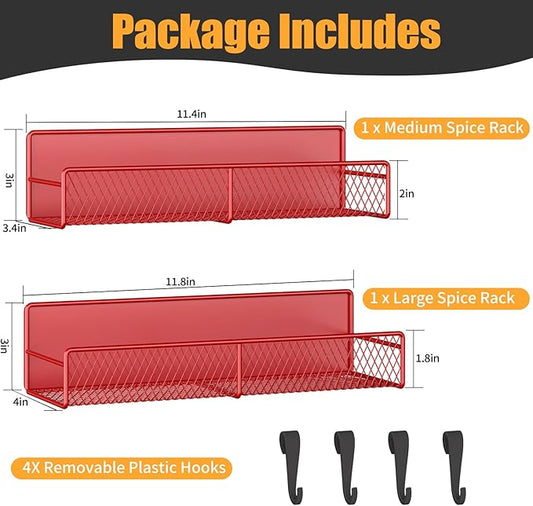 Magnetic Spice Rack for Refrigerator, 2 Pack Metal Magnetic Shelf, Moveable Spice Organizer with Hooks, Super Magnetic Fridge Shelf for Kitchen Organization and Storage, Red