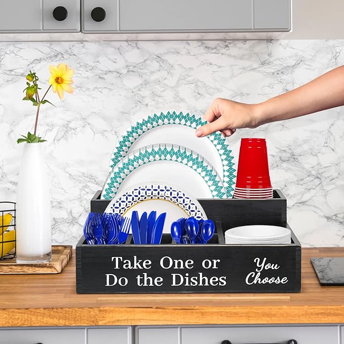 Paper Plate Holder for Kitchen Counter, Paper Plates Organizer with Large Cup Holder,Wooden Plates Dispenser Caddy,Disposable Plate Cup Napkin Dispenser Box (Black)