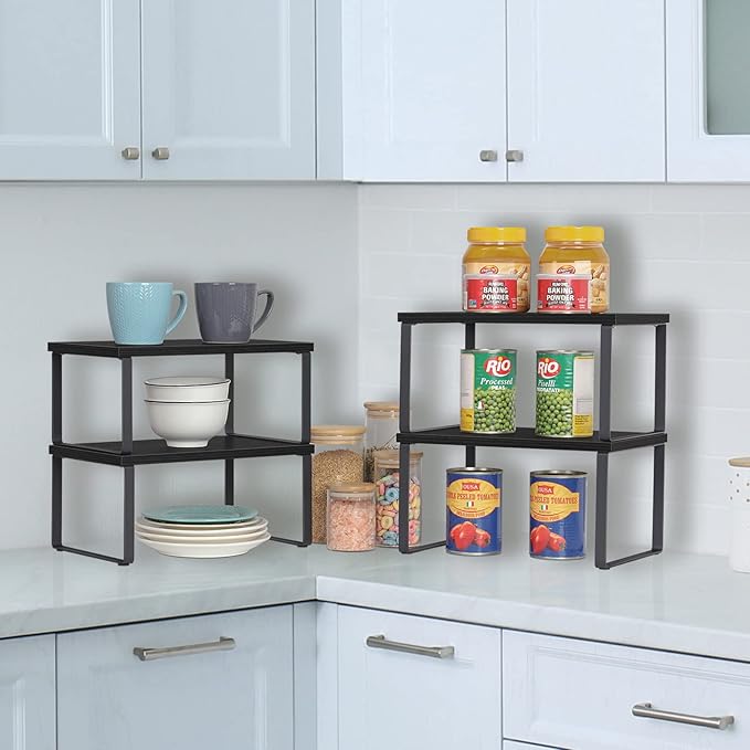 CADUKE Set of 4 Kitchen Counter Shelves Stackable Shelf Organizer Wood Countertop Shelf Expandable Cabinet Shelf Organizers Countertop Storage Rack for Pantry, Industrial Black