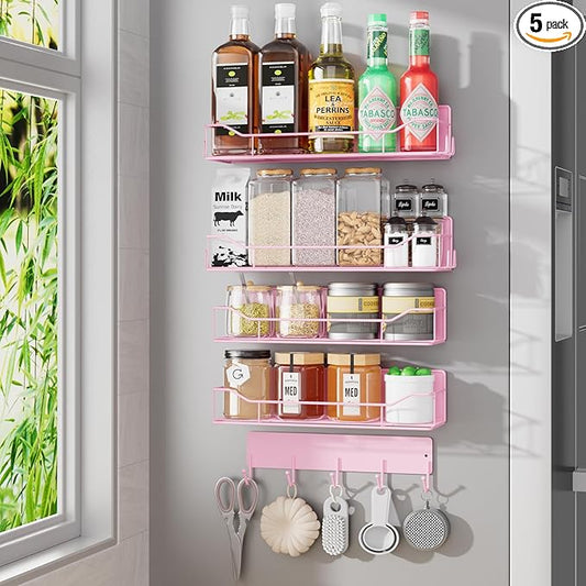 Magnetic Spice Rack for Refrigerator, 5 Pack Metal Strong Magnet Spice Organizer Shelves with Hook Rack, Space Saving Magnetic Fridge Shelf for Home Kitchen Organization and Storage (Pink)