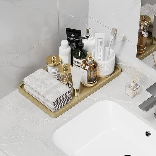Weenson Gold Bathroom Vanity Tray for Countertop Decor Perfume Makeup Toiletries Toilet Tank, Large Bamboo Kitchen Tray for Spice Salt, Serving Tray for Food Coffee, Nightstand Candle 14.2”x8.3”