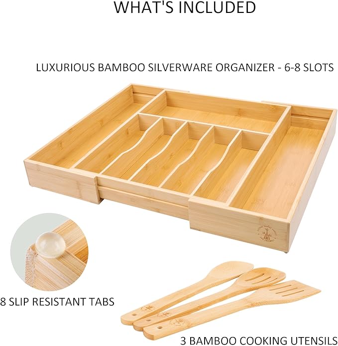 Premium Silverware, Flatware and Utensil Organizer for Kitchen Drawers. Extra Large and Expandable from 13 to 21 Inches - 8 Compartments [2.5 Inches Deep] *Bamboo Utensils Included - 100% Bamboo.