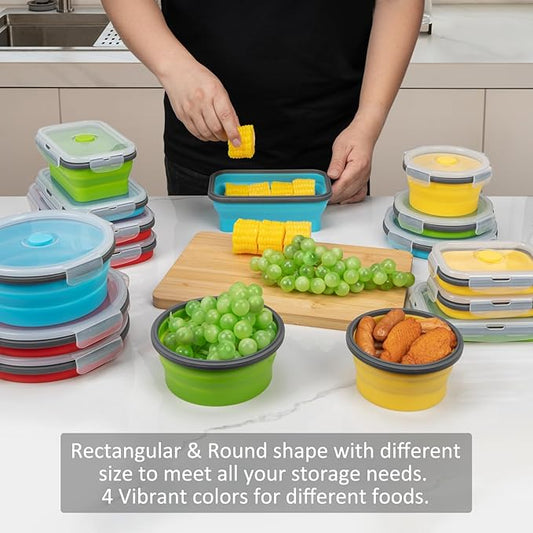 Collapsible Food Storage Containers with Lid & Air Vent, 16 Pack, 8 Rectangular + 8 Round, Annaklin Foldable Silicone Lunch Containers Collapsible Bowls Set, Microwave Freezer Dishwasher Safe, 4-Color