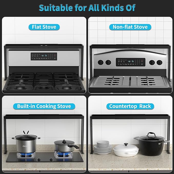 Stove Top Shelf, Kitchen Over Shelf for Stove, Stove Spice Rack for Top, Adjustable 27-33inch, Fits Various Stove Lengths, Kitchen Spice Organizer, Condiments and BBQ Sauces, Black