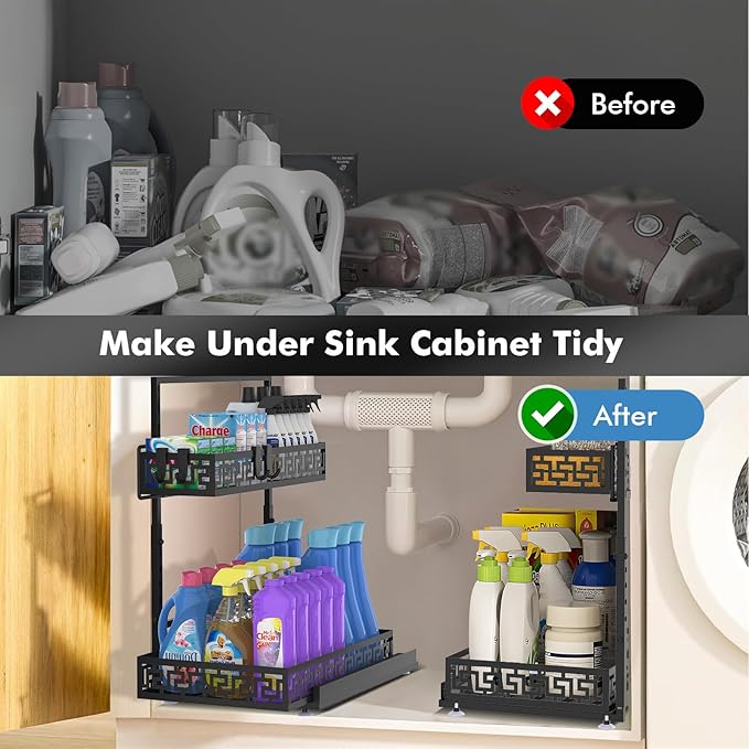KIMCHOMERSE Under Sink Organizer Shelf, 2 Tier Pull Out Under Sink Rack, Under Counter Cabinet Organizer Storage Shelf for Bathroom Storage Organizer, Kitchen Pantry Cabinet Organizers -Black