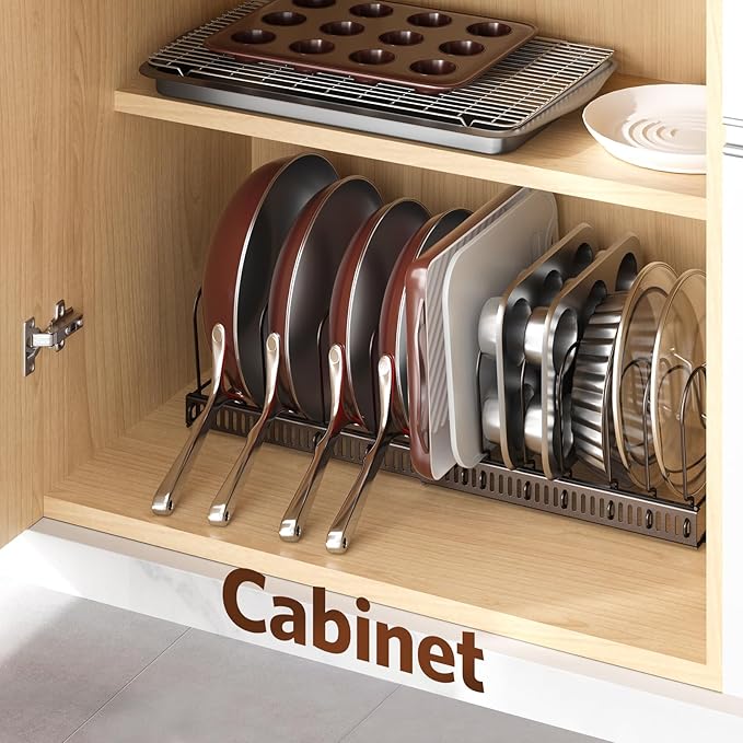 ORDORA Pots and Pans Organizer: Under Cabinet, 12 Adjustable Dividers, 11.8''-22.8'' Extendable,Pan Organizers inside Cabinet for Kitchen Storage-Bronze