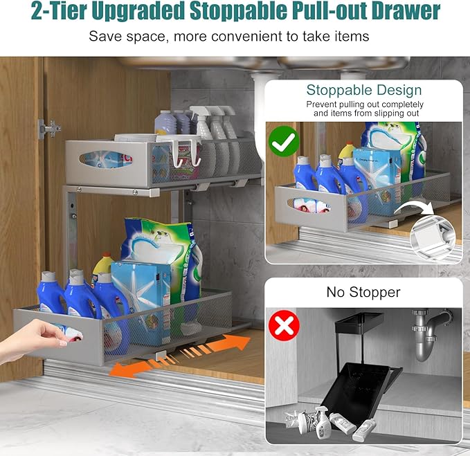 1 Pack Under Sink Organizer, 2 Tier Metal Pull Out Under Sink Storage with Sliding Mesh Drawers, Height Adjustable Slide Out Under Sink Organizer for Kitchen Bathroom Cabinet, Gray