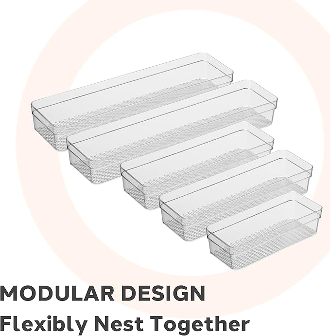 Oggi Set of 5 Clear Drawer Organizers - (1) 3x6.25, (2) 3x9.5, (2) 3x12.5 - Ideal for Organizing Kitchen Drawers, Office, Desk, Silverware, Kitchen Utensils, Cosmetics and Bathrooms