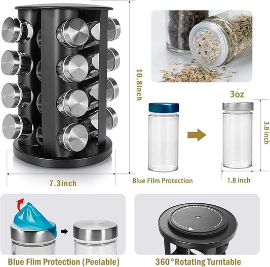 Black Countertop Rotating 16-Jars Revolving Spice Rack Organizer Tower , 135 Spice Labels with Funnel Complete Set, Seasoning Organizer for Kitchen Countertop, Cabinet