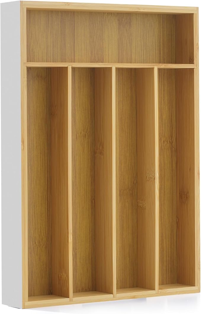 JoyJolt Bamboo Drawer Organizer for Kitchen Utensils, Drawer Divider for Large Cutlery and Silverware, Flatware Holder Tray, 5-Compartment Silverware Organizer, Garage Kitchen & Junk Drawer Organizer