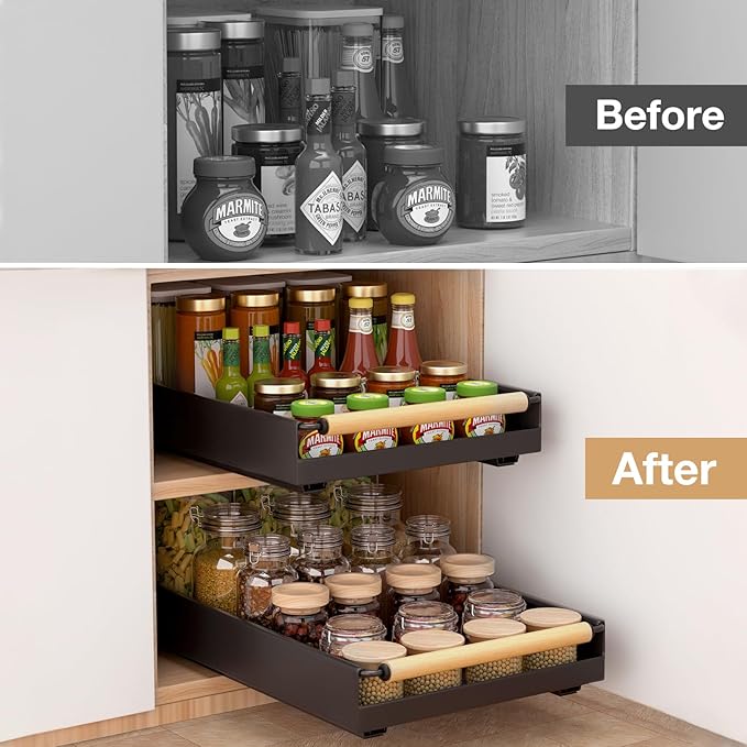 Pull out Cabinet Organizer, 16" Deep Pull Out Drawer for Kitchen Cabinets Adhesive with Nano Film, Slide out Cabinet Organizer Shelf for Pantry Bathroom Organization Black