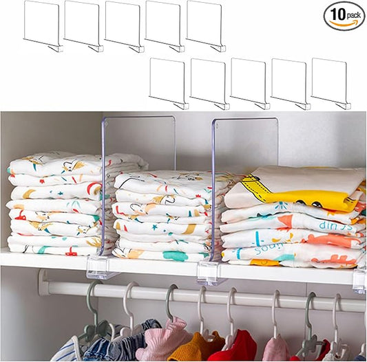 Yieach 10 Pack Clear Acrylic Shelf Divider for Closet Organization - 9.2″ Tall Closet Dividers for Wood Shelves,Cupboard,Vertical Shelf Separators in Closet for T-Shirt,Purse,Handbag,Sweater Organizer