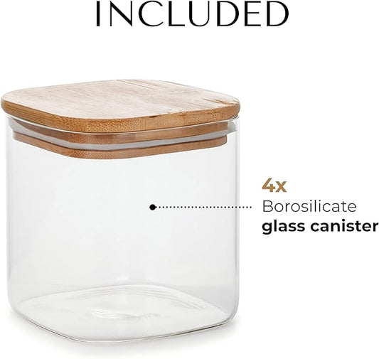 18.6oz Square Borosilicate Glass Canister With Bamboo Lid, Airtight Pantry Storage Jar Containers Ideal for Rice, Candy, Sugar, Flour, Nuts, Cookies and Coffee Beans (4 Pack)