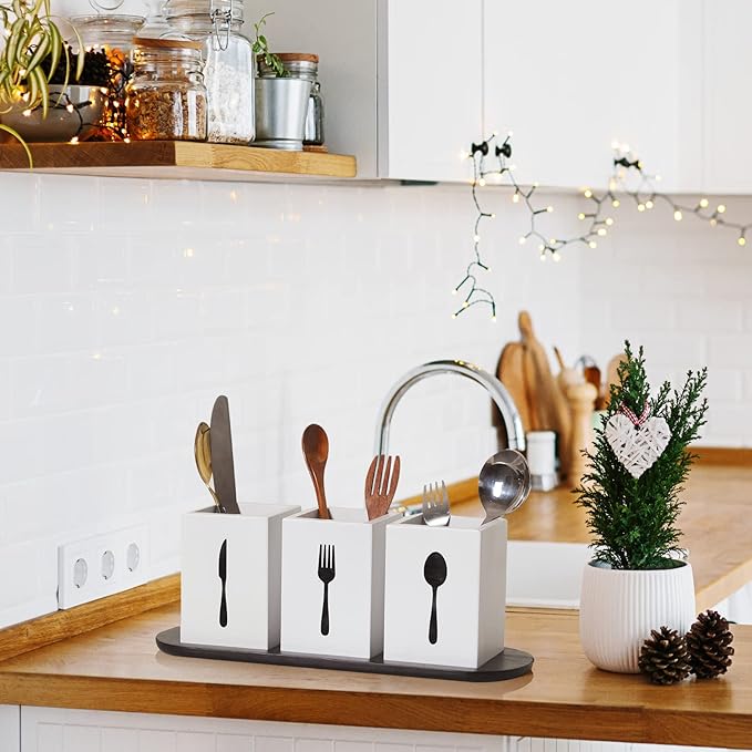 Kathfly 4 Pcs Silverware Caddy Utensil Holder for Countertop Silverware Organizer with Wood Tray Spoon Fork Holder 3. 15 x 3. 15 x 4. 53 Inches of Each Organizer for Kitchen Parties(White)