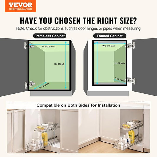 VEVOR 12"W x 21"D Pull Out Cabinet Organizer, Heavy Duty Slide Out Pantry Shelves, Chrome-Plated Steel Roll Out Drawers, Sliding Drawer Storage for Home, Inside Kitchen Cabinet, Bathroom, Under Sink