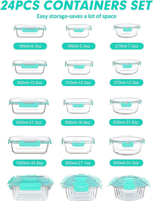 VERONES 24 Pieces Glass Food Storage Containers Set, Airtight Glass Lunch Containers, Glass Meal Prep Containers with Lids,Exclusive of BPA, for Microwave, Oven, Freezer & Dishwasher Friendly,Green
