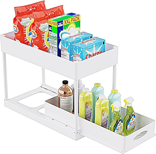 PUILUO Under Sliding Cabinet Basket Organizer, 2 Tier Under Sink Organizers White Under Sink Storage for Bathroom Kitchen