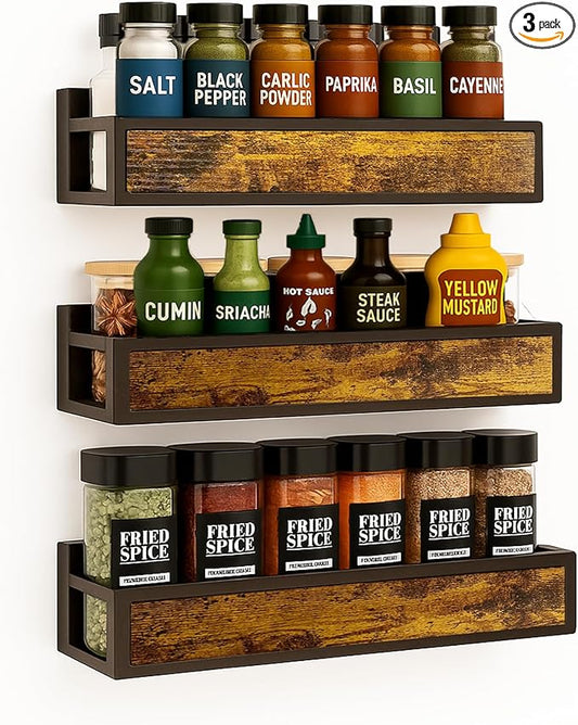 Spice Rack Wall Mount, 3 Pack Engineered Wooden Wall Mounted Hanging Spice Rack Organizer for Cabinet, Pantry Door, Easy Install Seasoning Organizer (3 Pack, Adhesive Or Screw Installed)