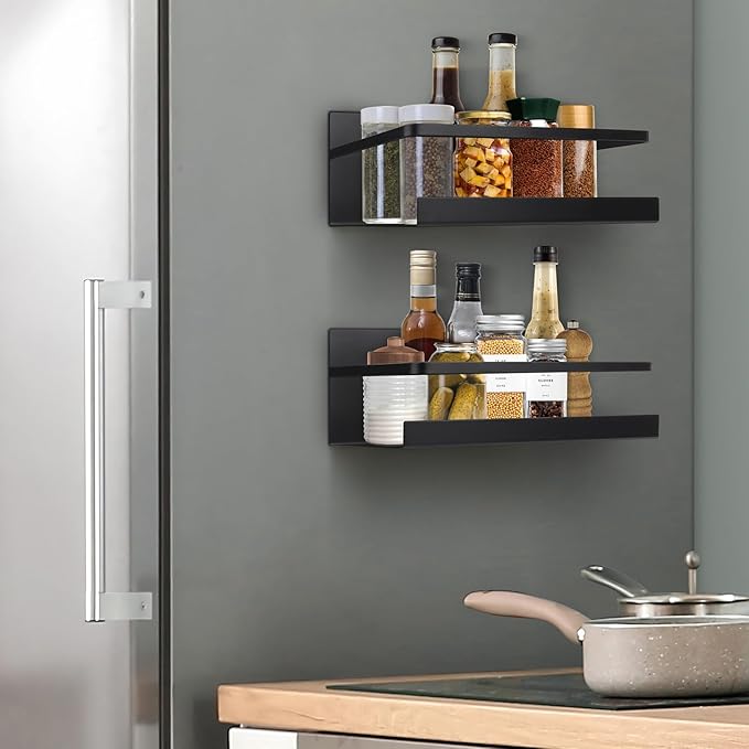 Magnetic Spice Rack for Refrigerator, 2 Pack Magnetic Shelf Spice Organizer for Spice Jars, Fridge Seasoning Organizer Spice Holder Magnet Shelves + 4 Hooks for Kitchen Pantry