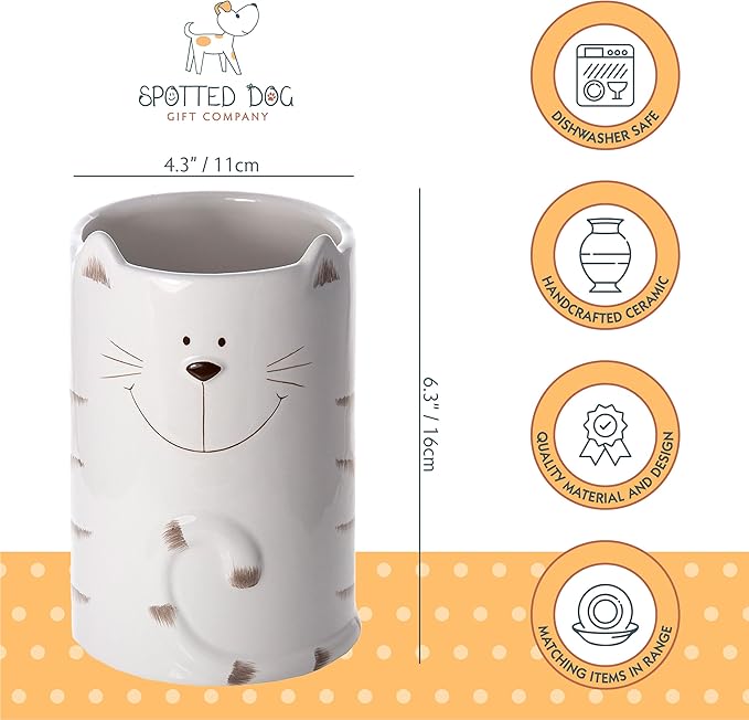 SPOTTED DOG GIFT COMPANY Cat Utensil Holder, Ceramic Utensil Crock, Cute Kitchen Countertop Decor, Baking & Cooking Tools Organizer, Gifts for Cat Lovers & Pet Owners 4.3" x 6.3"