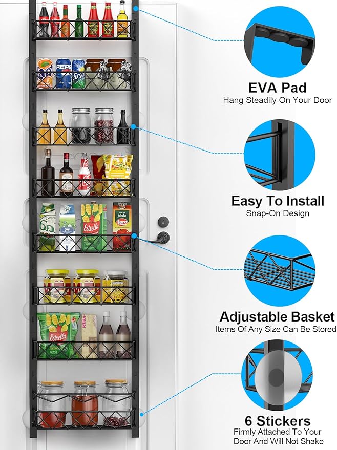 Over the Door Pantry Organizer, 8 Tier Pantry Organizers and Storage Metal Hanging Spice Rack for Kitchen Behind the Door Storage with Basket