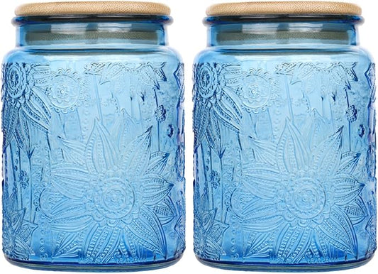 Glass Storage Jars With Airtight Lid, 23.7oz Canister For Kitchen Counter with Bamboo Lid, brown sugar, candy, coffee, cookie, salt, tea,pantry cute Jar (Blue 2-Pack, 23.7 fl oz)