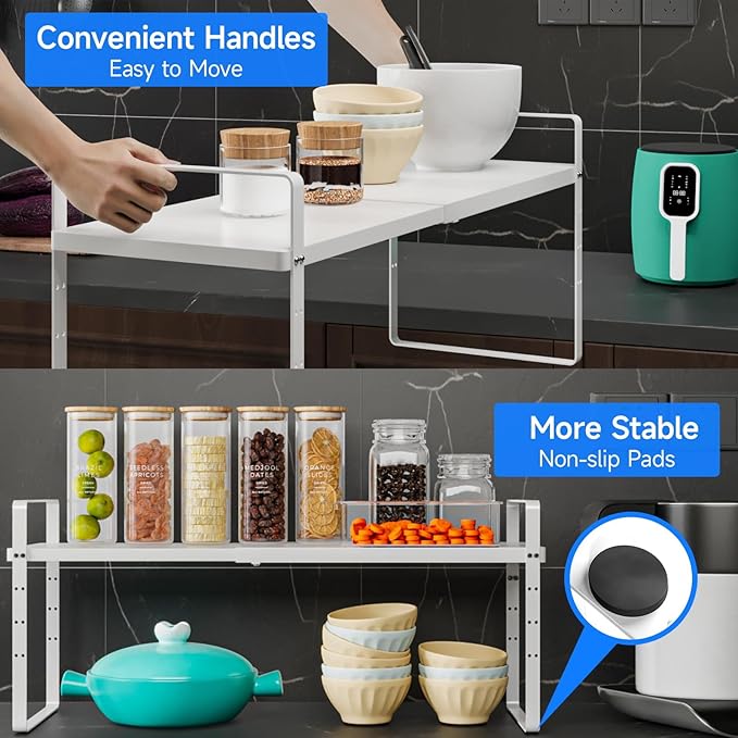 Expandable Cabinet Shelf Organizer, Stackable Kitchen Pantry Counter Storage, Adjustable Closet Cupboard Stand Rack Risers Spice Organization, 80LBS Heavy Duty, White 3 Pack