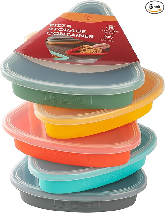 5-Pack Multicolor Reusable Silicone Leftover Pizza Slice Storage Container with Air-tight Lids-BPA Free,Fits Single Slice up to 16”,Save Space,Refrigerator organizer.