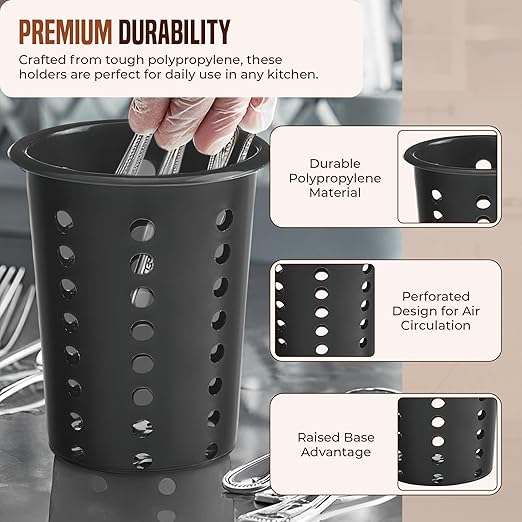 OCS Parts Perforated Utensil Drying Cups | Black | Set of 3 | Plastic Flatware Holder Cylinders for Kitchen Counter Organization