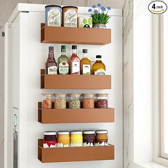 4 Pack Moveable Fridge Magnetic Spice Racks Metal Magnetic shelf for refrigerator Kitchen Spice Hang Storage Shelf (Bronze)