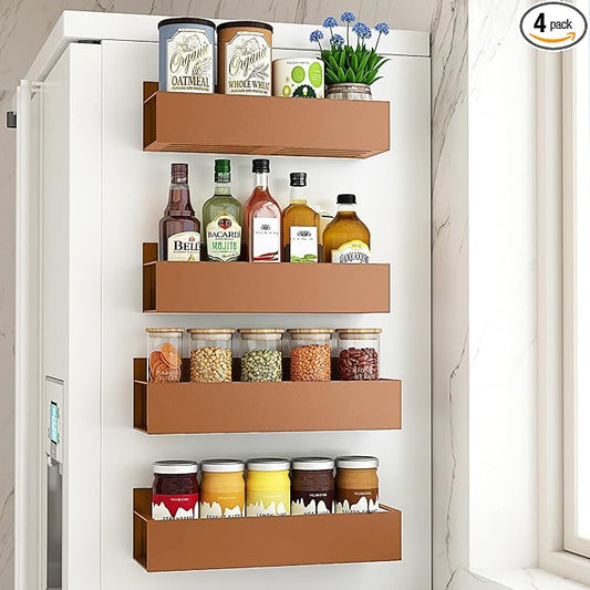 4 Pack Moveable Fridge Magnetic Spice Racks Metal Magnetic shelf for refrigerator Kitchen Spice Hang Storage Shelf (Bronze)