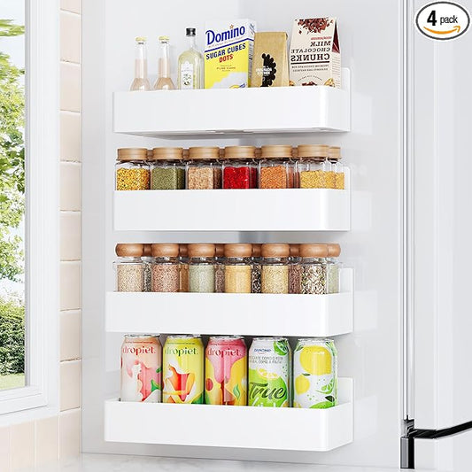 Magnetic Spice Rack for Refrigerator, Kitchen Organizer and Storage Shelf, White (4 Pack)…