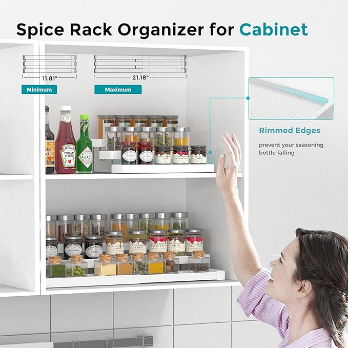 Spice Rack Organizer for Cabinet - 3 Tier Expandable Spice Organizer for Cabinet Easy Visibility - Adjustable Cabinet Spice Organizer for Kitchen Countertop Cupboard Pantry Organization (White)