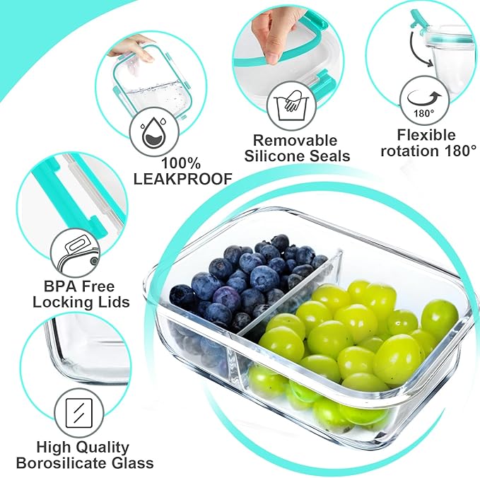 VERONES 10 Pack Glass Meal Prep Containers 2 Compartment Set, 30 OZ Airtight Glass Lunch Containers, Glass Food Storage Containers with Lids, for Microwave, Oven, Freezer & Dishwasher Friendly，Green