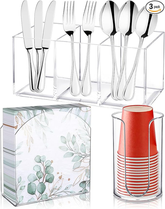 3 Set Acrylic Cutlery Storage Organizer, Clear Plastic Tableware Storage for Knives Forks Spoons, Acrylic Tissue Paper Holder Disposable Cup Holder Dispenser for Kitchen Restaurant Party