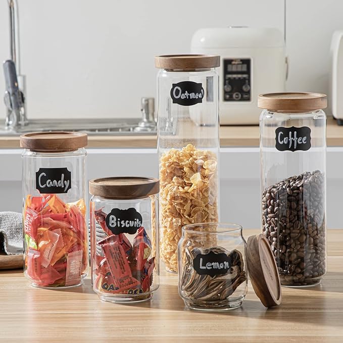 Glass Storage Containers Set, High Borosilicate Glass Jars with Wooden Lids Kitchen Food Canisters s for Coffee Beans/Sugar/Noodles/Nuts/Cookies/Pasta